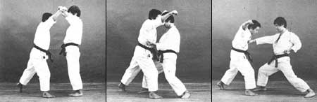 Ausschnitt aus dem Bunkai der Bassai-Dai: morote age uke - tettsui hasami uchi - oi zuki