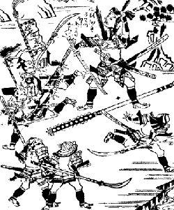 Holzschnitt mit der Abbildung des bemerkens werten Selbsmordes von Miura Yoshimoto. Dieser schlug sich beim Kampf in der Burg Arai gegen die Hojo im Jahre 1516 angeblich selbst den Kopf mit dem Schwert ab. Die japanischen Schwerter waren für ihre Schärfe berühmt, und das von Yoshitomo stammte von Masamune. Die Frage ist allerdings, ob diese Art Seppuku physikalisch überhaupt möglich ist.