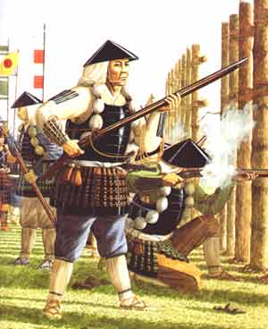Nobunagas Arkebusenschützen im Einsatz während der Schlacht von Nagashino, 1575. 