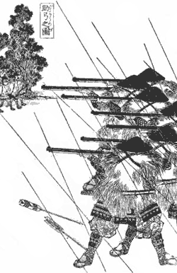  Dieser japanische Holzschnitt zeigt Samurai, die dem Pfeilhagel des Gegeners mit Musketen antworten. 