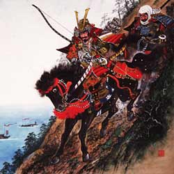 Yoshitsunes Abstieg über die Klippen von Ichi-no-tani im Krieg gegen die Taira (siehe auch „Heike vs. Genji“)