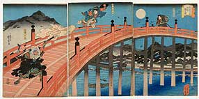Wandschirm mit der Darstellung von Yoshitsunes Kampf mit Benkai auf der Gojo-Brücke